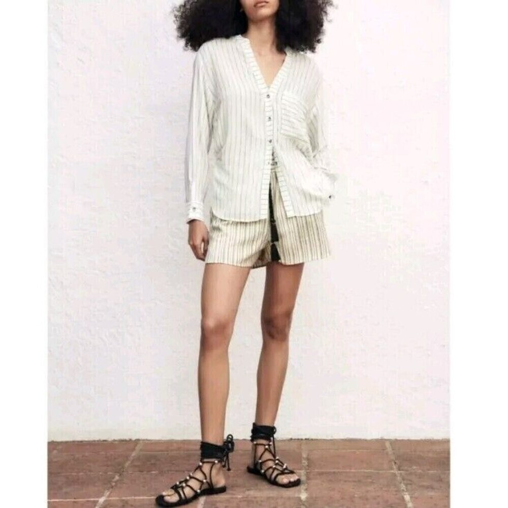 ZARA Stripe Asymmetric Long Sleeve Button Blouse Top Collar Pocket S White A11